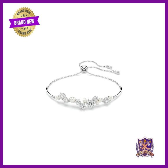 Crystal Pearl Bangle Bracelet Rhodium Finish Adjustable Closure